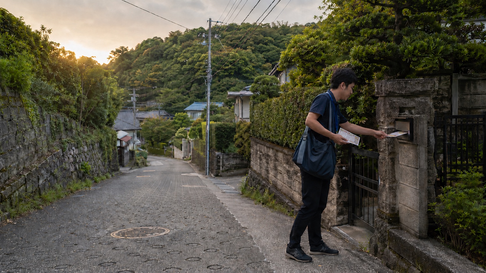 夕暮れの鎌倉、坂道沿いの家のポストへ歩いてチラシを投函する配達スタッフ